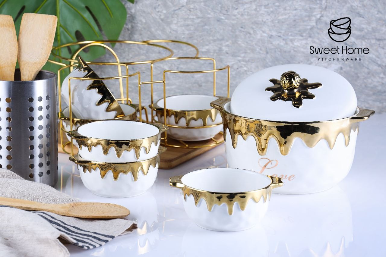 Porcelain soup set 9 pieces liquid gold